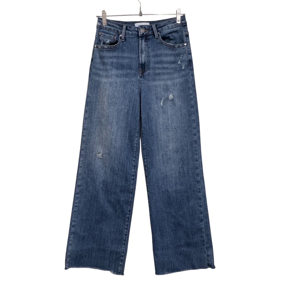 Risen Jeans Wide Leg Jeans Size 7/28 Distressed Raw Hem High Rise